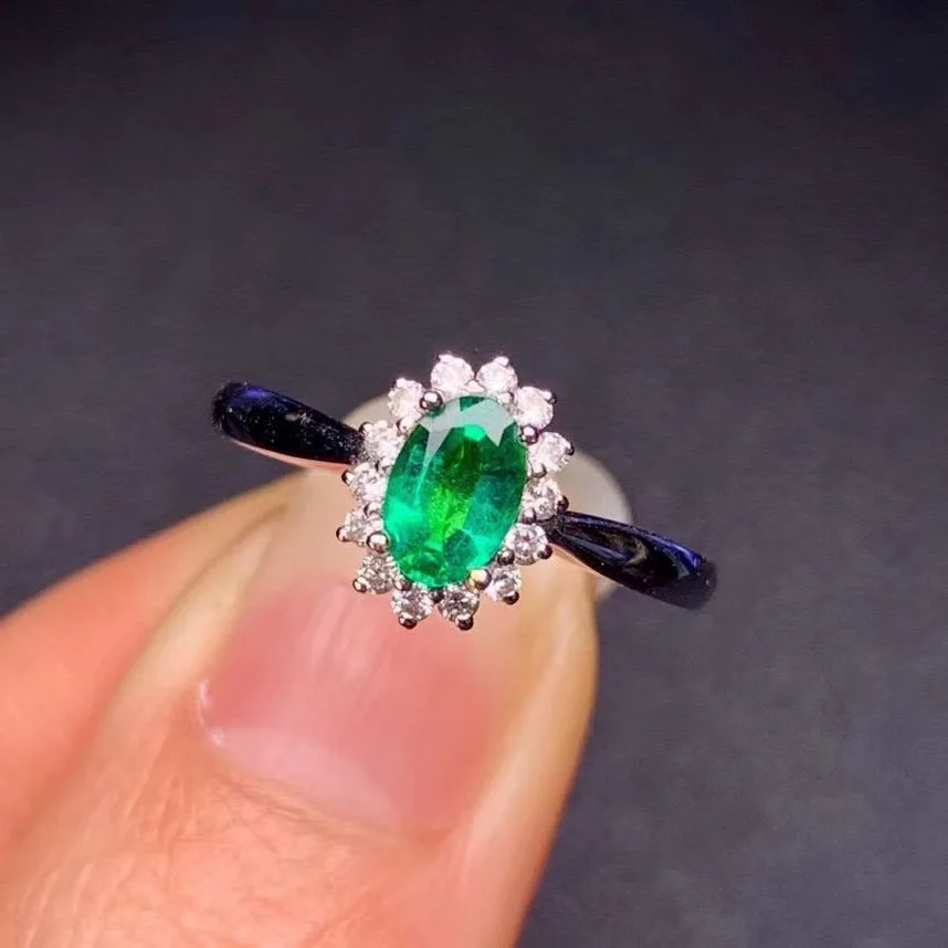 Natural Emerald Ring, Genuine 925 Sterling Silver Ring, Ladies&#39; Engagement Ring, - £71.05 GBP