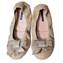 Stuart Weitzman Gold Fannie Stardust Sz 3 Lace Ballet Flats Rhinestone Bow - £17.97 GBP