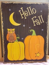 Hello Fall Wood Wall Sign Autumn Pumpkins Owl Moon 18&quot; x 24&quot; - £31.60 GBP