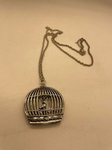 Vintage Large Pendent Bird in Cage Silver Tone Necklace - £9.49 GBP