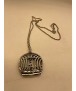 Vintage Large Pendent Bird in Cage Silver Tone Necklace - £9.34 GBP