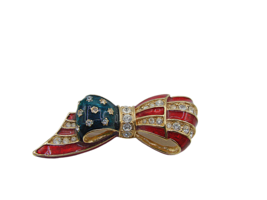 CAROLEE Brooch Hat Pin Enamel Rhinestones Crystals Patriotic Flag Bow Vintage  - £18.93 GBP