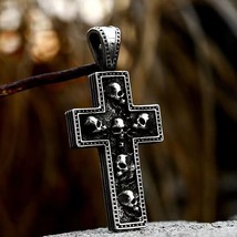 Mens Gothic Skull Cross Pendant Necklace Punk Biker Jewelry Stainless Steel 24" - £8.69 GBP