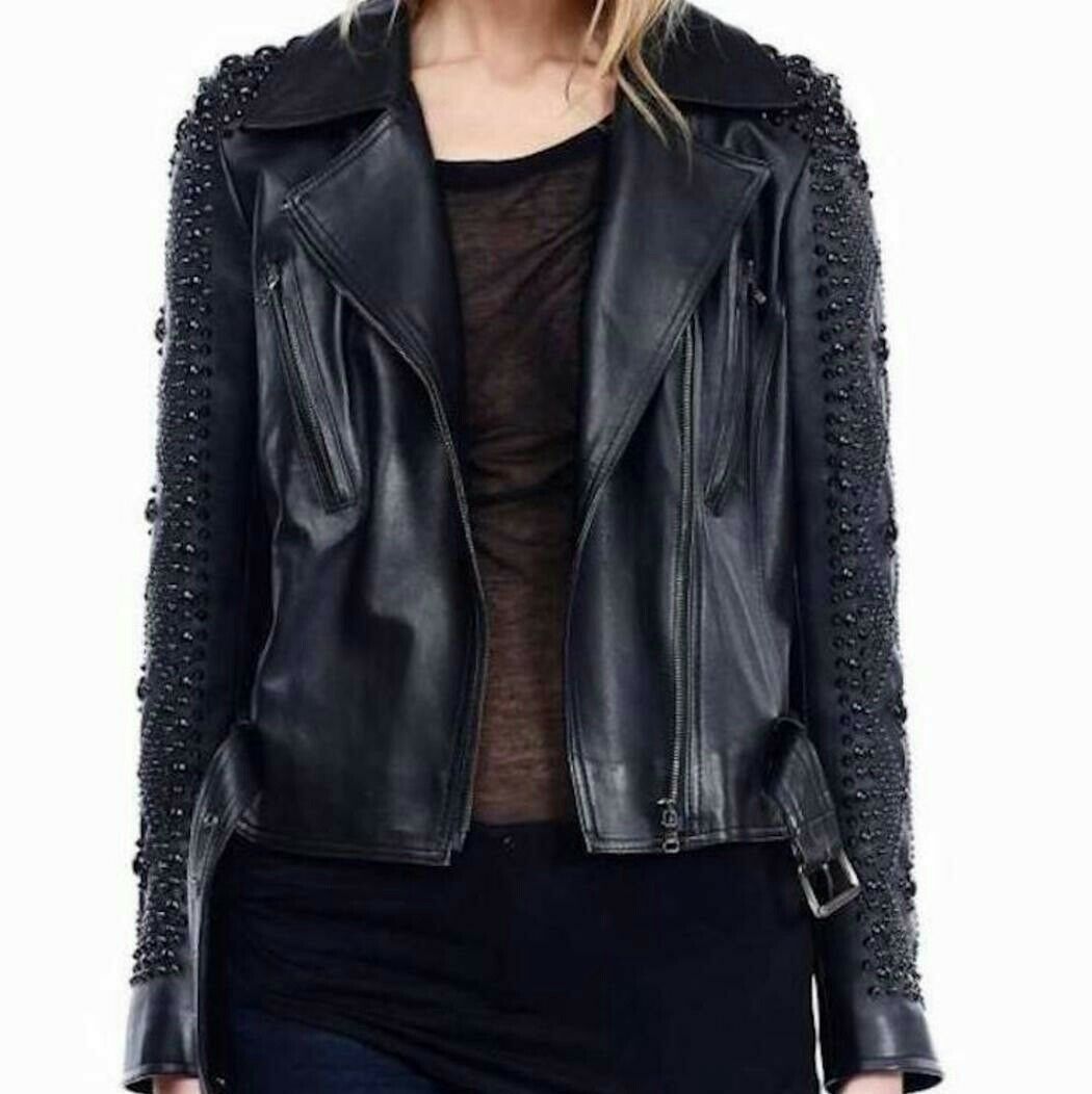 Nour Hammour Woman Punk Black Metal Studded Punk Cowhide Leather Jacket 2019