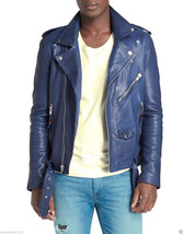 Men&#39;s Blue Jacket Real Soft Lambskin Leather Handmade Stylish Biker Motorcycle - £83.93 GBP
