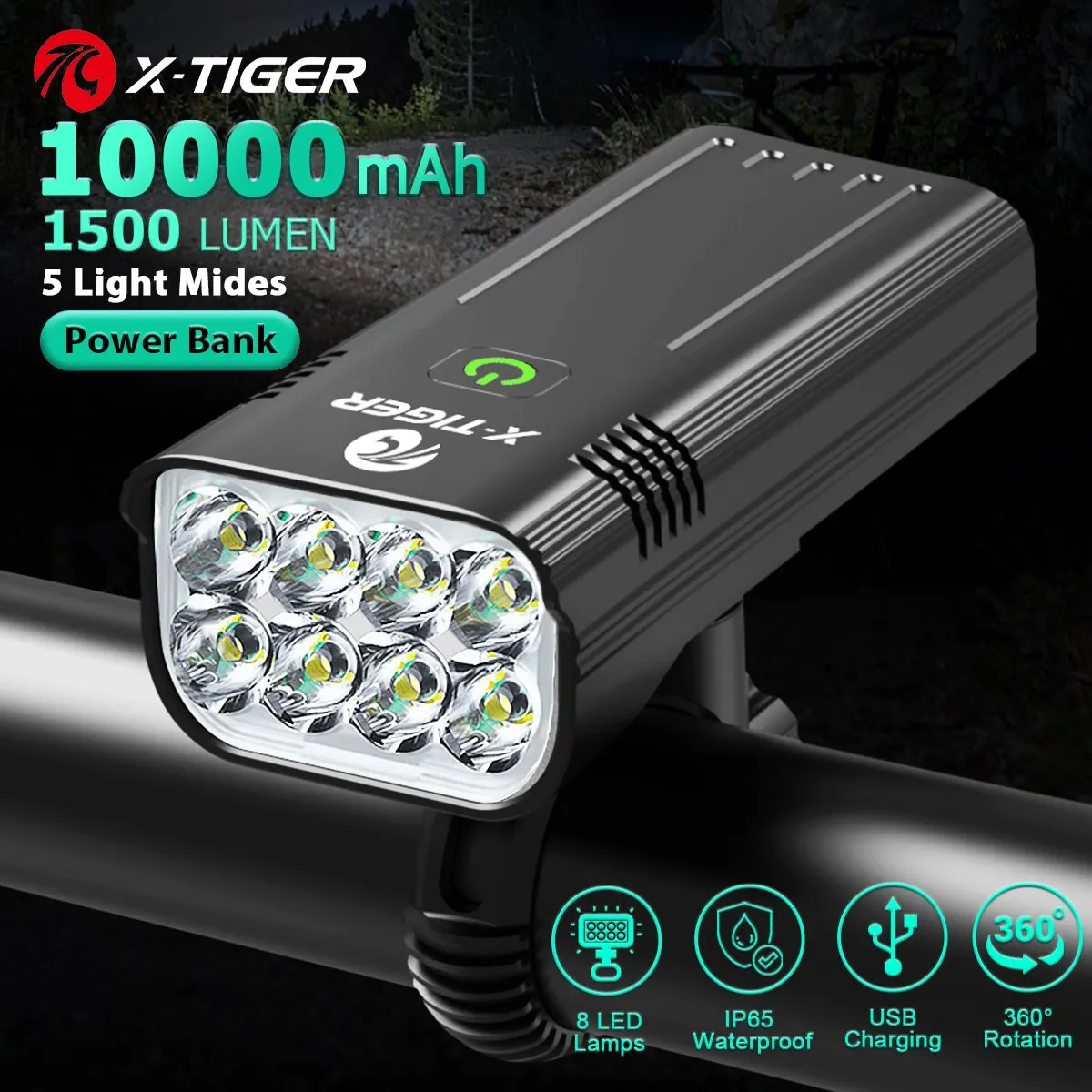X-TIGER Bike Light Set Powerful USB Rechargeable Bright 10000mAh Bicycle Front - £16.23 GBP+
