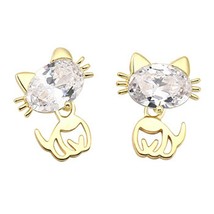 Valentine Day 14k Yellow Plated Oval Simulated Diamond Stud Cute Cat Earrings - £37.24 GBP