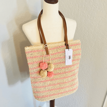 btb Los Angeles Lucy Tote, Straw Woven Pom Pom Vacation Beach Bag, Natural, NWT - £73.99 GBP