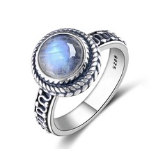 New Fashion 9MM Round Natural Moonstones Rings Women's 925 Silver Jewelry Ring W - £19.48 GBP