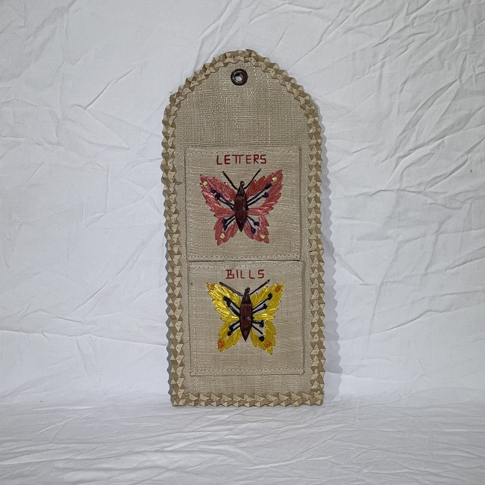 Vintage Woven Rattan Butterfly Wall Organizer 2 Pocket Letters &amp; Bills R... - $14.10