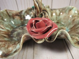 Studio Art Pottery Divided Dish Handmade 7.5&quot; x 2.5&quot; Pink Rose-Green Leaf. - £8.50 GBP
