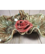 Studio Art Pottery Divided Dish Handmade 7.5&quot; x 2.5&quot; Pink Rose-Green Leaf. - £8.50 GBP