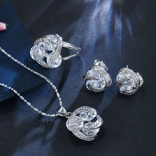 New Fashion Silver Color Jewelry Sets Cubic Zirconia Knot Earrings Necklace Ring - £18.70 GBP