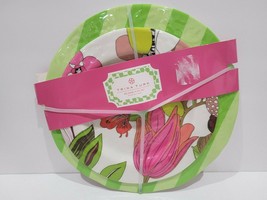 Trina Turk Floral Butterfly Green Pink Melamine Dinner &amp; Salad Plate Set 2pc - £20.24 GBP