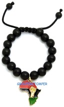 Africa With Power Fist Metal Pendant And Wood Bead Adjustable Macrame Br... - $14.00