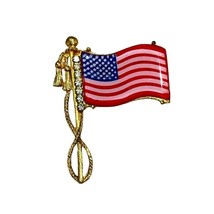 American Flag Pin Brooch Rhinestones Red White Blue Gold Tone Patriotic ... - £4.62 GBP