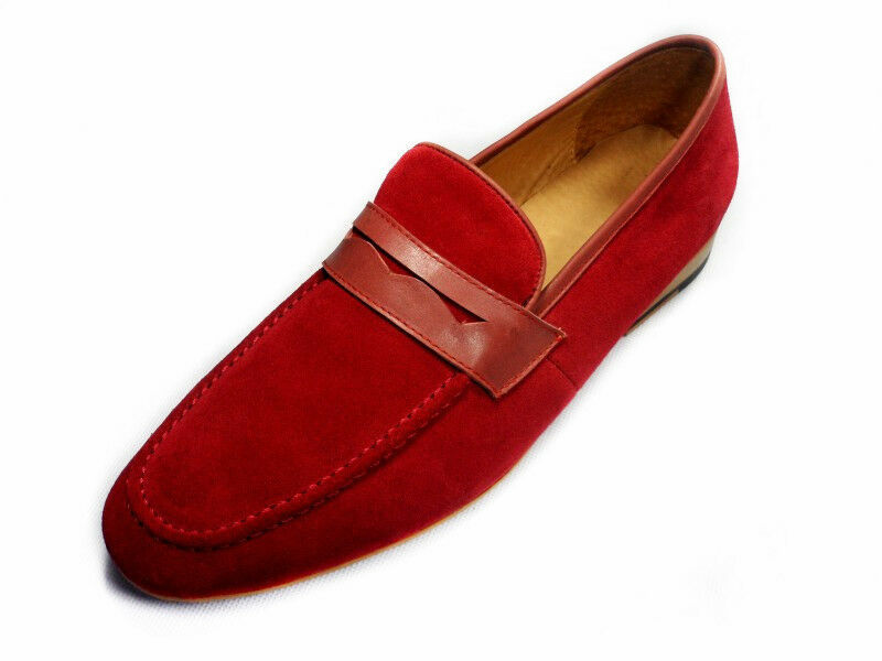 Men's Red Penny Loafer Handmade Party Wear Suede Genuine Leather Shoes US 7-16