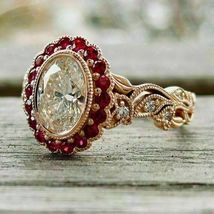 1.7Ct Oval Cut Vintage Diamond &amp; Red Garnet Engagement Ring 14K Rose Gold Over - $98.35