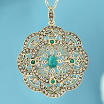 Natural Emerald Diamond Pearl Vintage Style Filigree Pendant in solid 9K Gold - £2,010.69 GBP