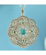 Natural Emerald Diamond Pearl Vintage Style Filigree Pendant in solid 9K... - £1,961.40 GBP