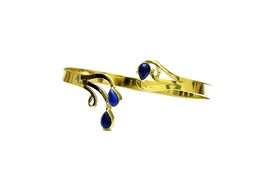 Blue Lapis Lazuli Bangle, Gold Brass Bracelet with Stones, Boho Chic Cuff - £17.40 GBP