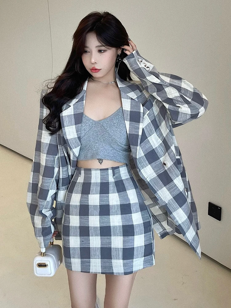 GALCAUR Korean Plaid Blazer For Women Notched Long Sleeve Straight Casua... - $248.99