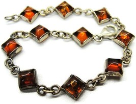 925 Sterling Silver Bracelet Square Dark Amber Square Stones HM - £38.67 GBP