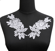 1 pr Flower White Venice Crochet Lace Patch Neckline Collar Motif Applique A303 - $6.99