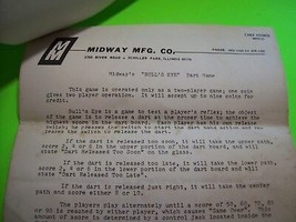Midway Bulls Eye Original Arcade Game Instruction Sheet Postcard Paperwo... - $30.88