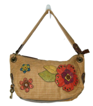 Fossil Shoulder Bag Canvas Straw Weave Tan Floral Faux Leather Zip Closu... - $22.10