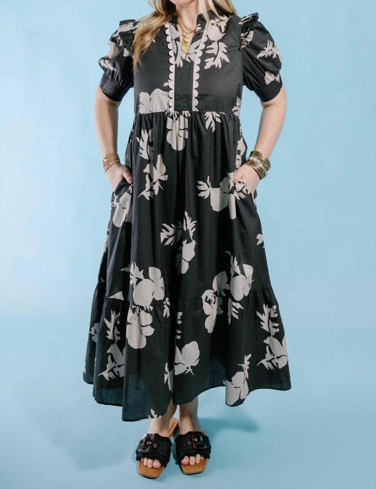 Entro Floral Midi Dress With Scallop Detail Charcoal - $44.00