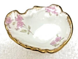 Vintage France Oyster Shaped Pink Floral w Gold Open Salt Dip 2 5/8 x 2 ... - $18.32
