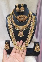 Indien Bollywood Style Plaqué Or Zircone Rubis Cou Collier Earrings Jewe... - $142.49