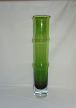Bamboo Vase Tall Green Art Glass 13&quot; Mid Century Glass Decor - $74.25