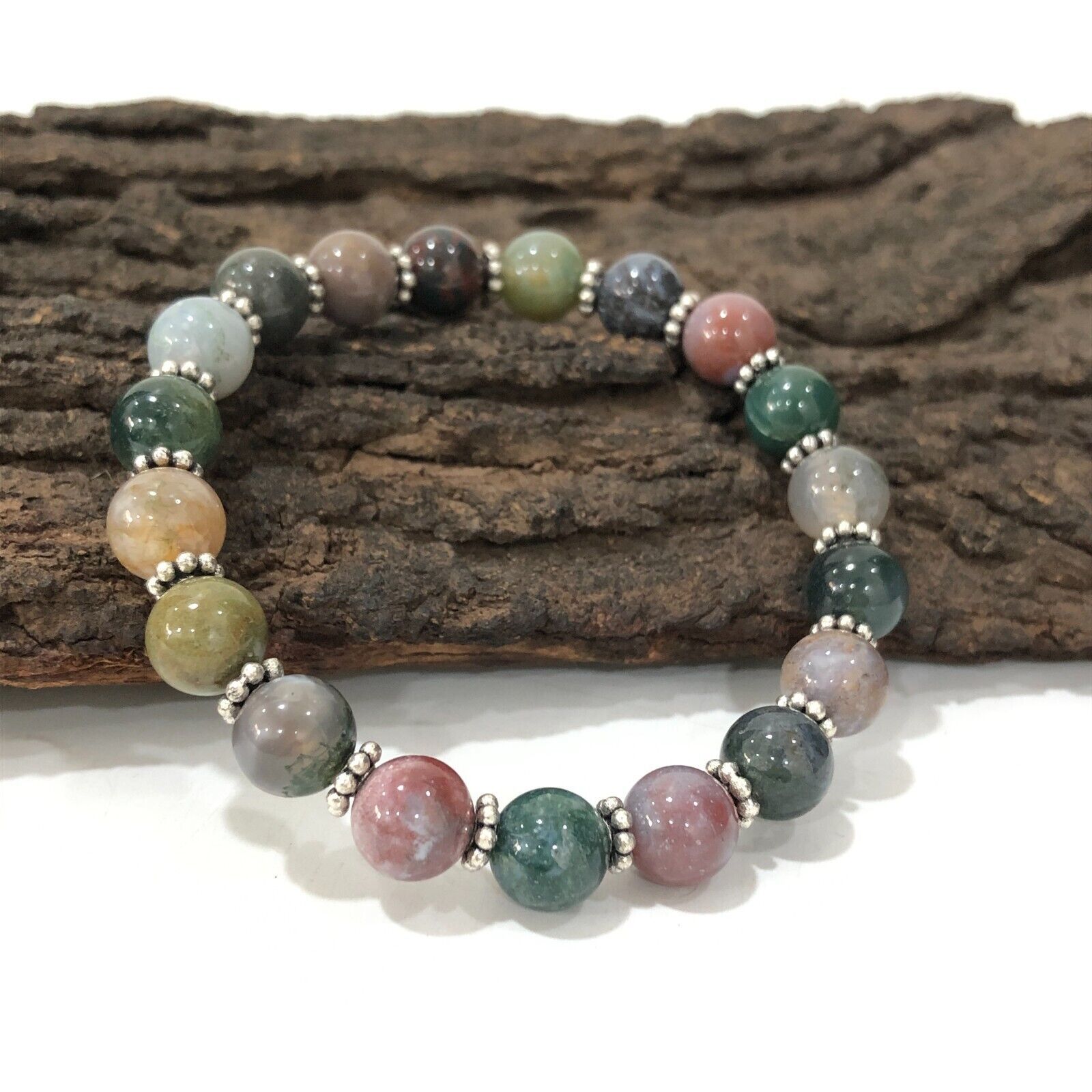 Indian Agate Gemstone 8 mm Beads Stretch with Chakra Bracelet CSB-50 - $10.92