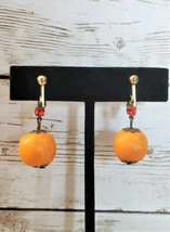 Vintage Clip On Earrings - Orange with Red Gem Dangle - $11.99