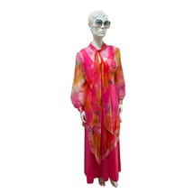 Pink Flower Power Groovy 1960&#39;s Psychedelic Maxi Dress With Shear Overlay - £51.42 GBP