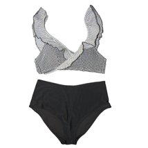 Aerie Black Striped Gingham Ruffled Top + High Waist Bikini Bottoms Size L - £22.42 GBP