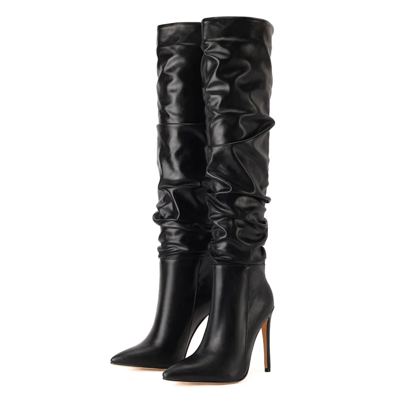   leather thin heel long boots pointed toe fall  boots  folds western knee high  - £110.23 GBP