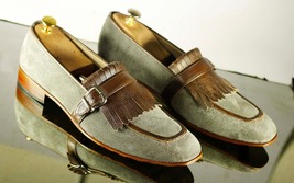Handmade Men&#39;s Brown Gray Leather Suede Fringes Shoes, Men Designer Dress Shoes - £115.63 GBP