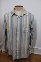 Travelsmith L Blue Brown Green Stripe Linen Cotton Long Sleeve Shirt 71014 - $24.93