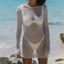 Knitted Beach Resort Dress Long Sleeve Hollow Out See Through - £18.10 GBP