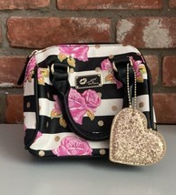 Mini Betsey Johnson Crossbody Bag Purse Roses Black White Stripes Top Handle EUC - £8.55 GBP