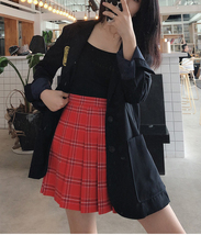 Women Short RED Plaid Skirt Outfit High Waisted Full Pleated Plaid Tennis Skirts image 3