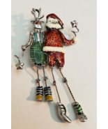 Santa Reindeer Brooch Pin Dangling Chain Legs Star Silver Tone Enamel - £30.89 GBP