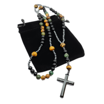Cross Rosary Hematite 26&quot; Necklace Pendant Obsidian Turquoise Tigers Eye &amp; Bag - £28.80 GBP