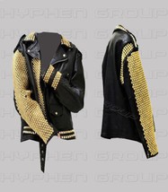 New Woman Black Punk  Golden Studded On Sleeves Cowhide Biker Leather Ja... - £262.94 GBP+