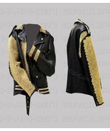 New Woman Black Punk  Golden Studded On Sleeves Cowhide Biker Leather Ja... - £297.09 GBP+