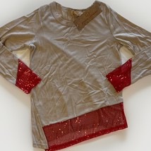 Girls Christmas Shirt Party Tee Size 6-8 Y Beige Long Sleeve Red Sequins... - €9,66 EUR