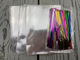200 CT 4in x 6in Clear Flat Cellophane Treat Bags with 6 Colors Twist Ties - £9.68 GBP